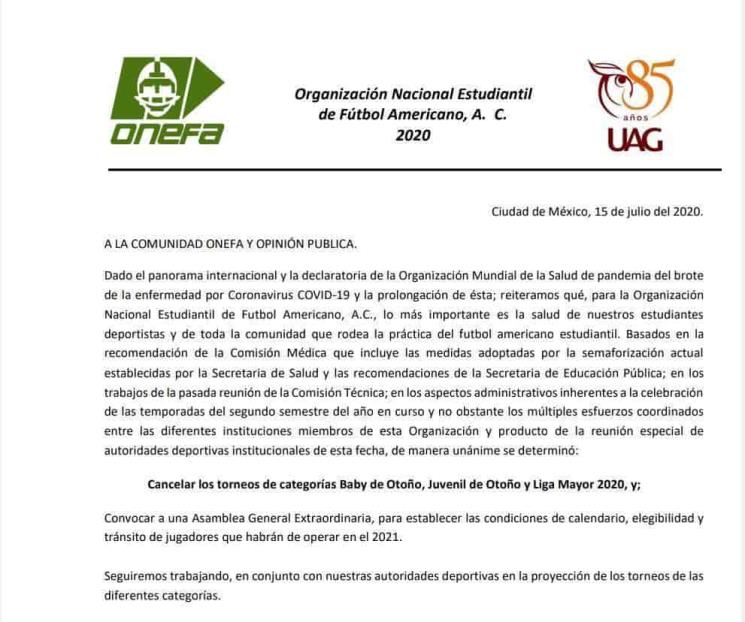Oficial, se cancela la temporada 2020 en la ONEFA Oficial, se cancela la temporada 2020 en la ONEFA