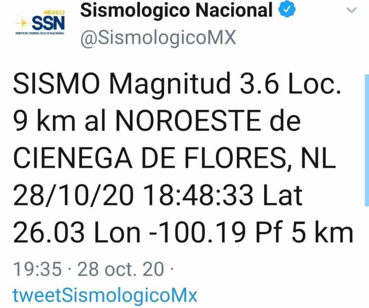 Se registra sismo de 3.6 grados Se registra sismo de 3.6 grados