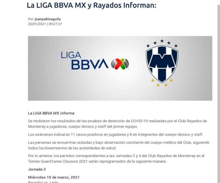 Rayados pospone sus próximos dos partidos por Covid-19