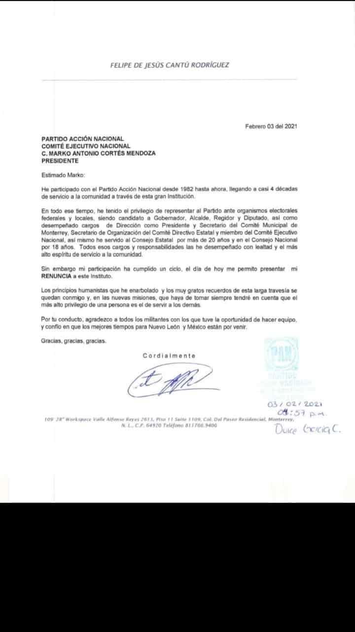 Entrega Felipe de Jesús Cantú carta de renuncia Entrega Felipe de Jesús Cantú carta de renuncia