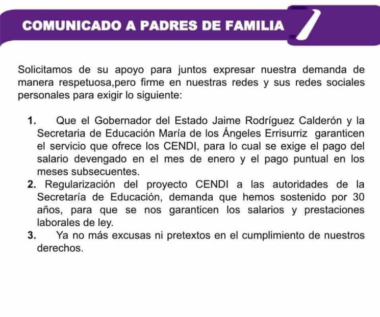 Trabajarán bajo protesta maestros de los Cendis