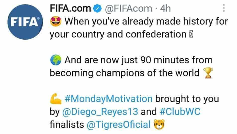 Están a 90 minutos de ser campeones del mundo: FIFA a Tigres Están a 90 minutos de ser campeones del mundo: FIFA a Tigres