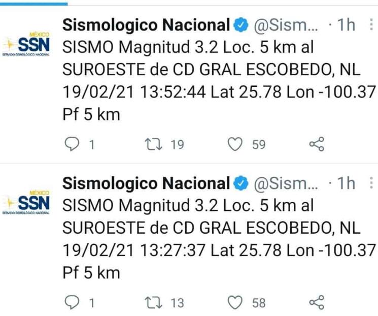 Reportan dos temblores en Escobedo Reportan dos temblores en Escobedo