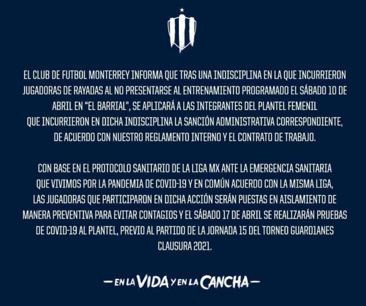 Aislamiento, sanción y prueba Covid-19 a Indisciplinadas