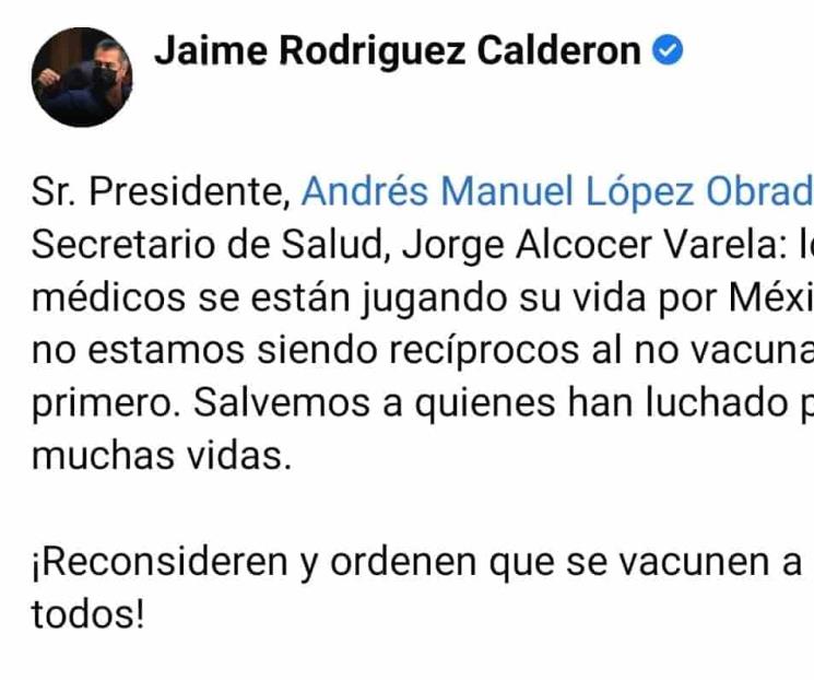 Pide Bronco reconsiderar vacunación de personal médico