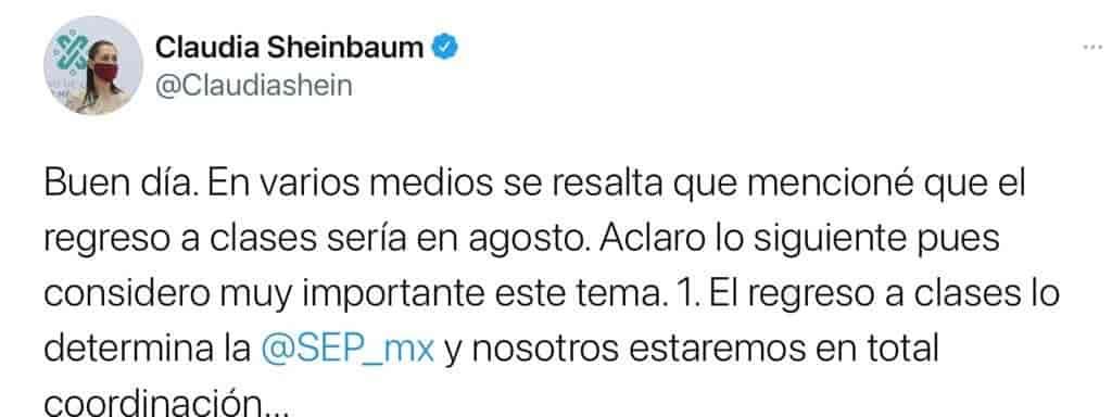 Deja Scheinbaum a SEP fecha de regresa a las aulas