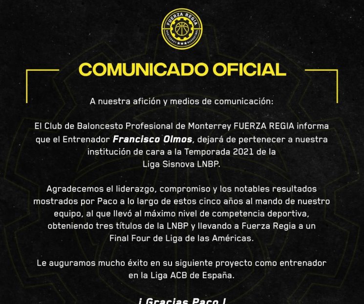 Confirma Fuerza Regia salida de Paco Olmos Confirma Fuerza Regia salida de Paco Olmos