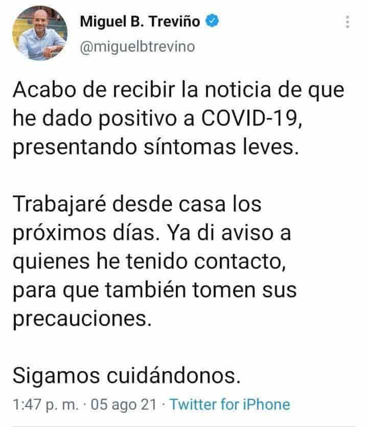 Anuncia Miguel Treviño que se contagió de Covid