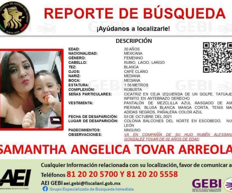 Buscan a mujer que desapareció con su hijo en Escobedo