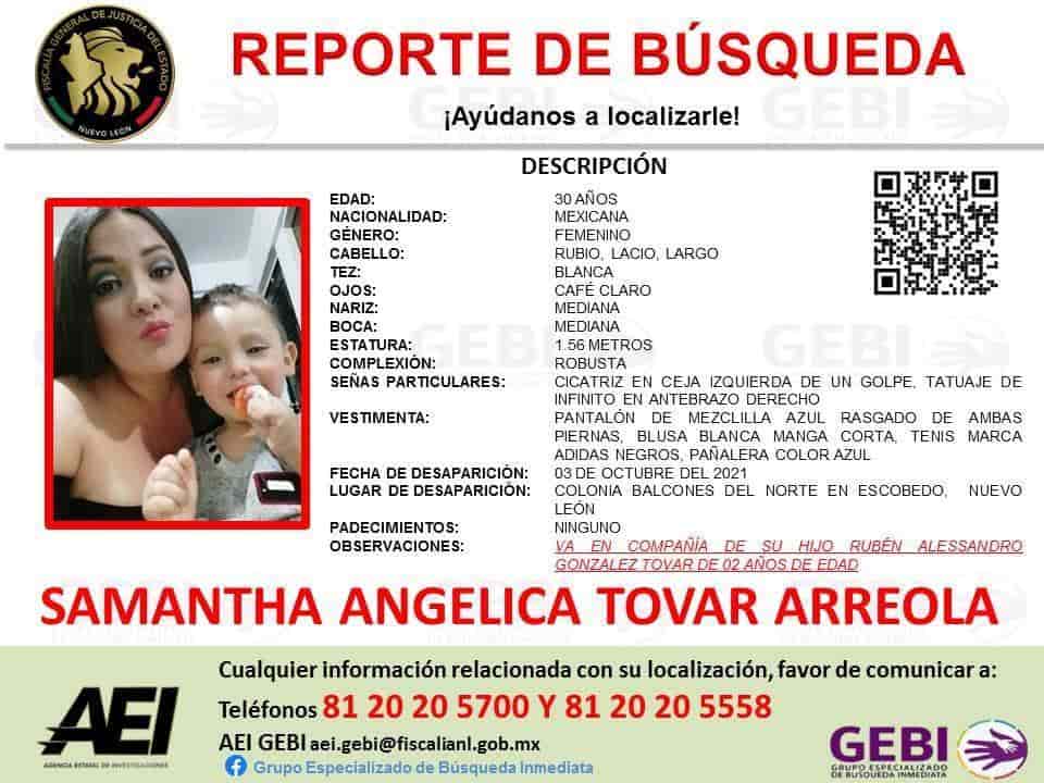 Intentan ubicar a una mujer que desapareció junto con su hijo de apenas dos años de edad