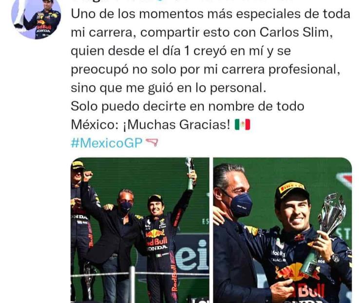Agradece Checo Pérez apoyo de Carlos Slim
