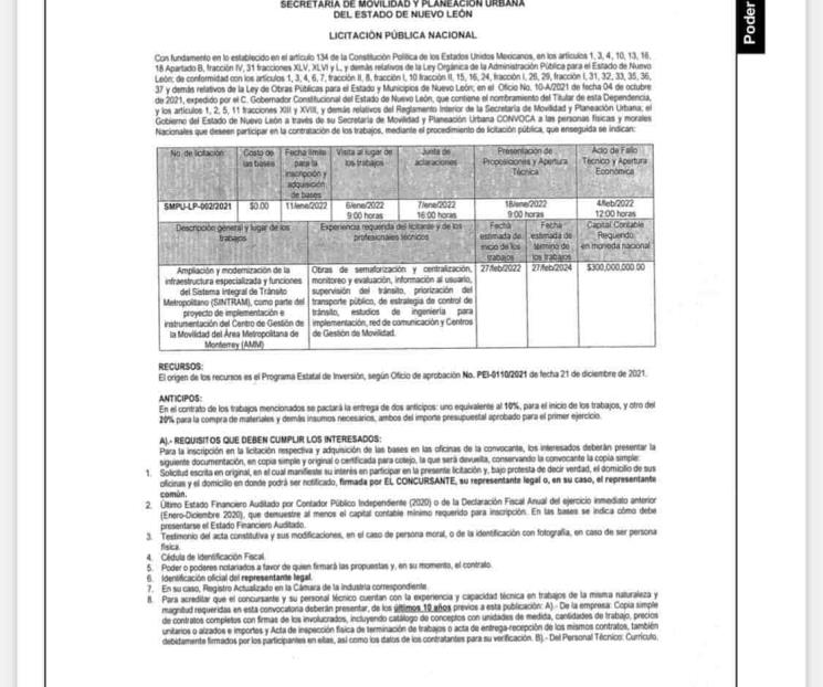 Lanzan licitación de Sintram