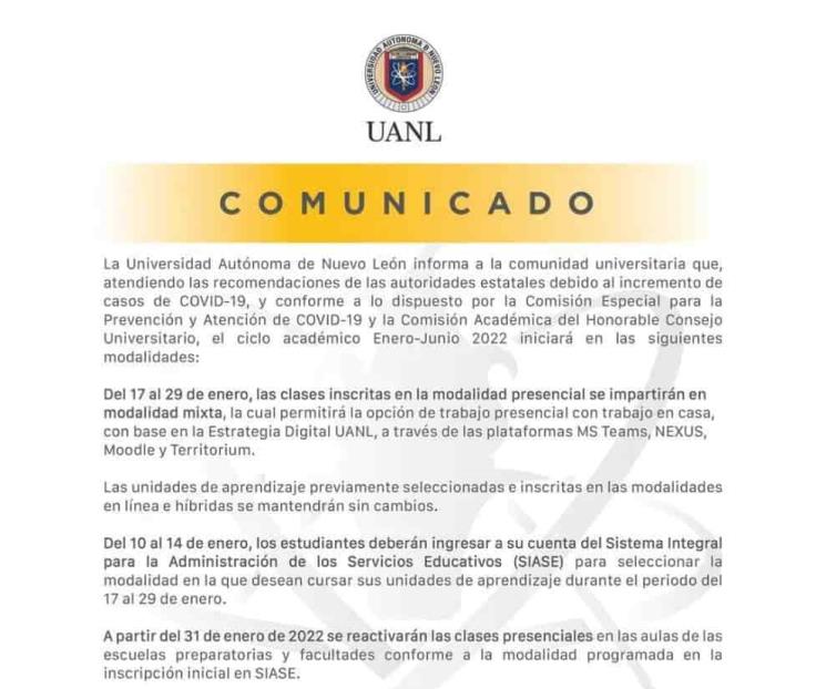 Anuncia UANL mecanismos para nuevo semestre