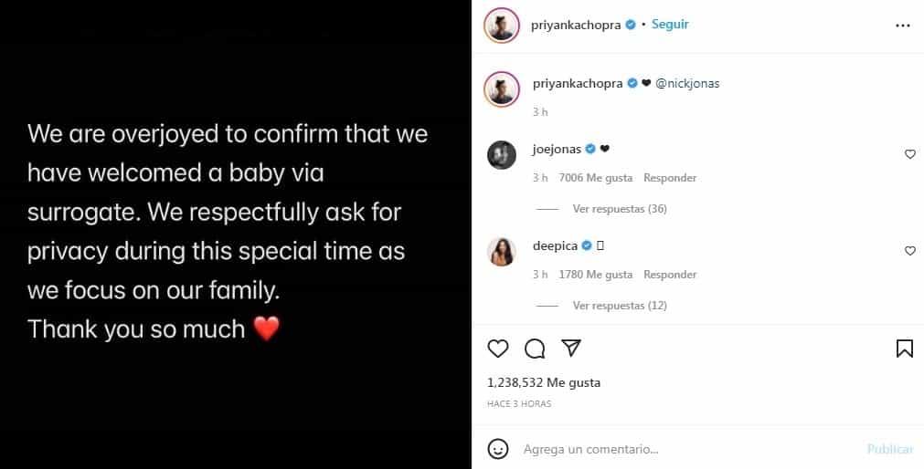 Nick Jonas y Priyanka Chopra debutan como papás