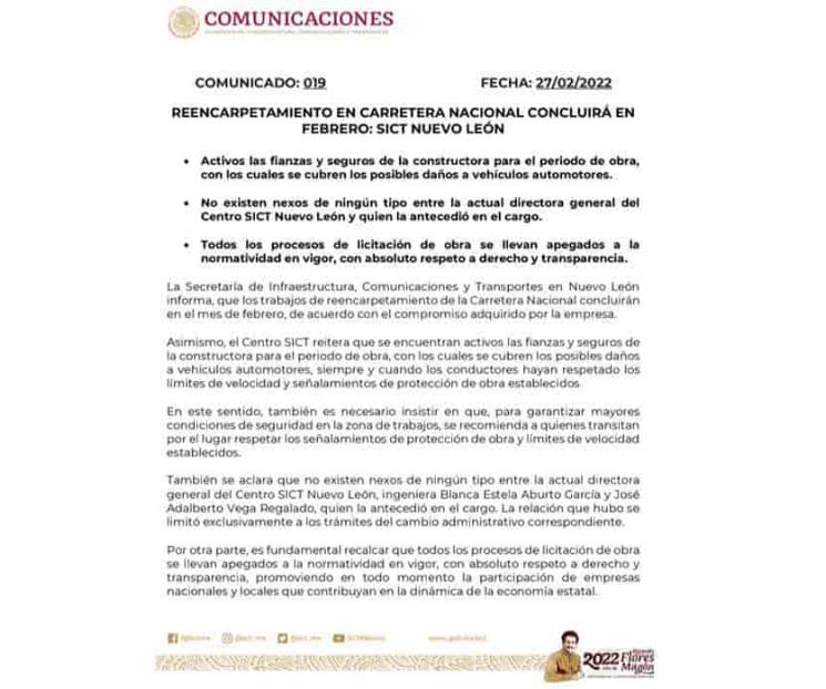 Promete SCT acabar recarpeteo en febrero Promete SCT acabar recarpeteo en febrero