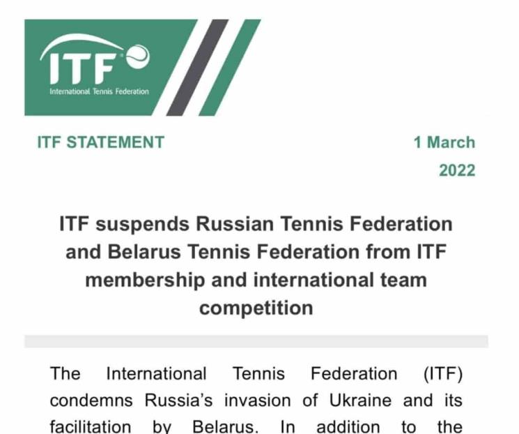 Suspende ITF a Federación Rusa y Bielorrusa de Tenis