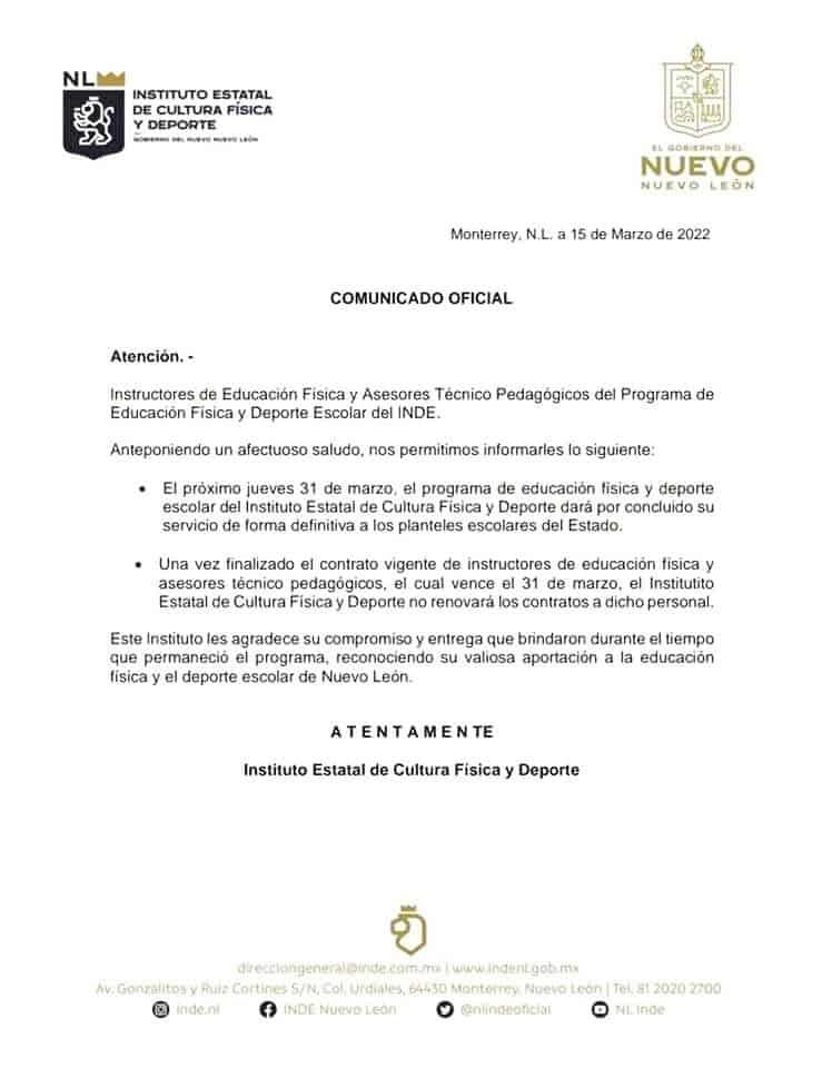 Dan de baja a más de 300 maestros de educación física Dan de baja a más de 300 maestros de educación física