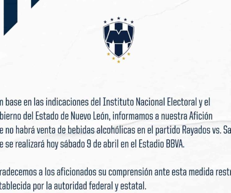 Confirma Rayados que no habrá alcohol en duelo ante Santos