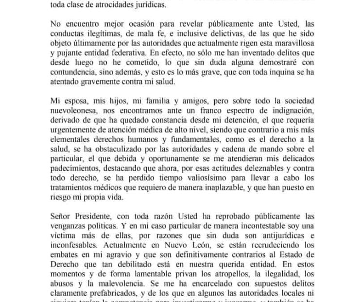 Escribe carta Bronco a AMLO pidiéndole ayuda