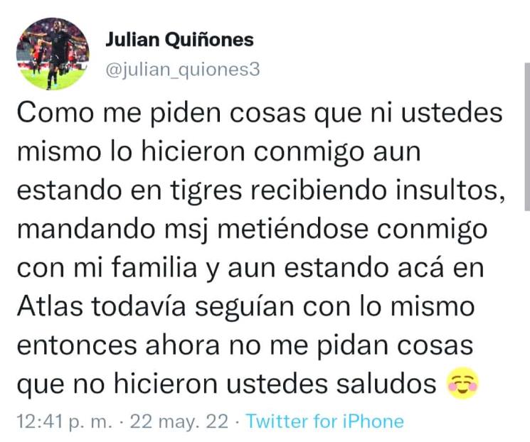 Justifica Julián Quiñones sus burlas hacia Tigres Justifica Julián Quiñones sus burlas hacia Tigres