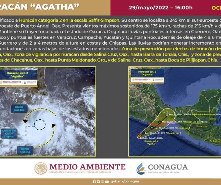 Se intensifica Agatha a huracán categoría 2 Se intensifica Agatha a huracán categoría 2