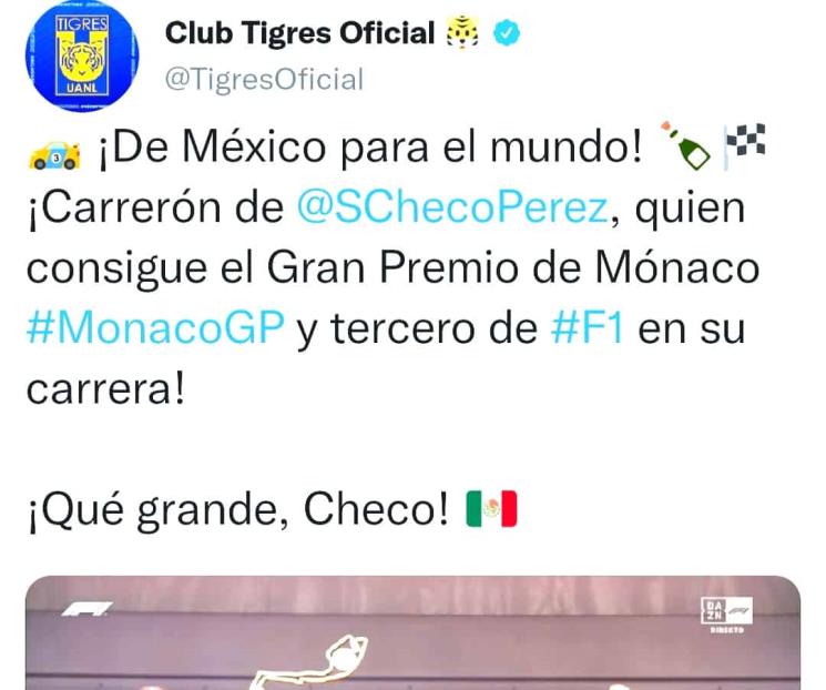 Felicita Tigres a Checo por triunfo en Mónaco