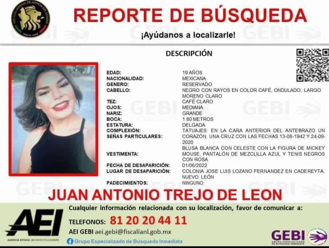 Lanzan una alerta, tras la desaparición de un jovencito transexual que desapareció en el municipio de Cadereyta
