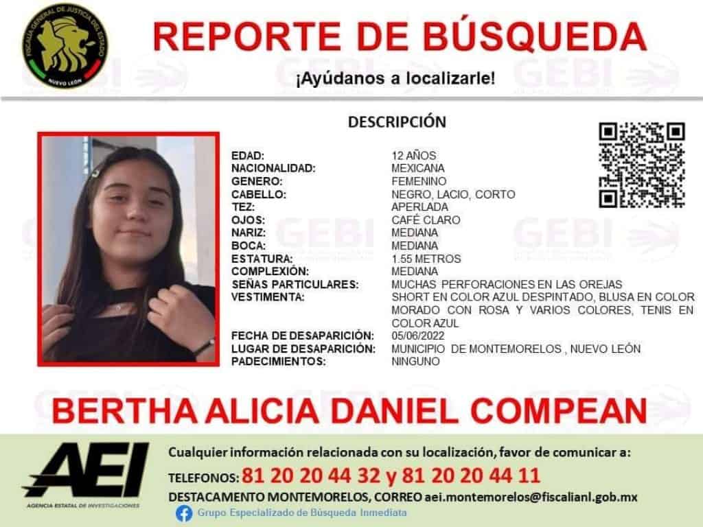 Se activó un reporte de búsqueda para localizar a una niña de 12 años, que desapareció en el municipio de Montemorelos