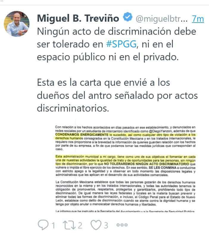 Envía Miguel carta a negocio discriminatorio