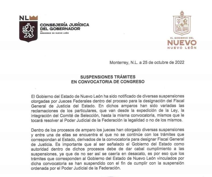 Suspende NL trámites de convocatoria para eligir a Fiscal