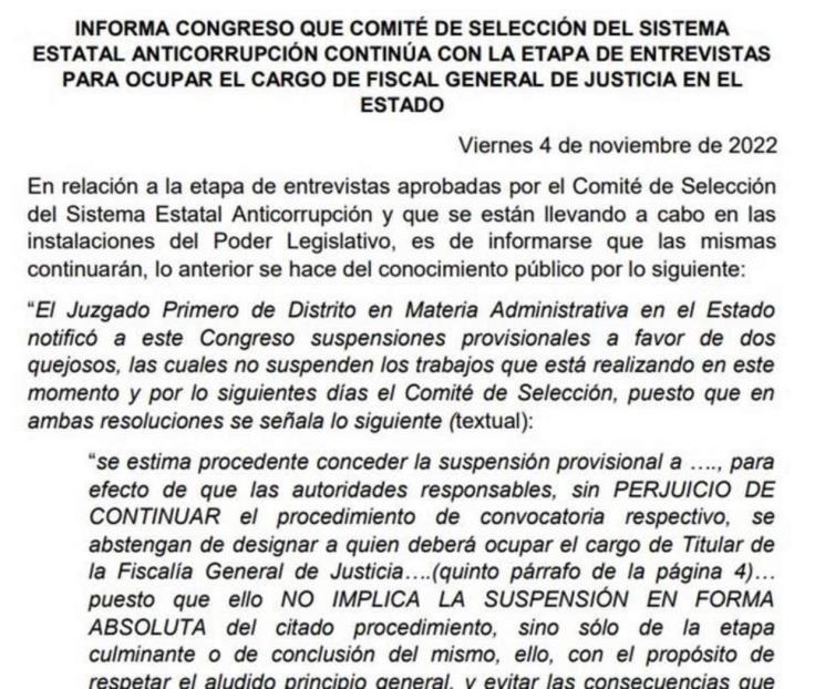 Confirma Congreso que entrevistas para Fiscal no se cancelan