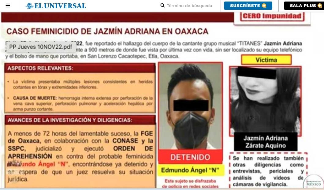 Destacan detención del presunto feminicida de Jazmín Adriana