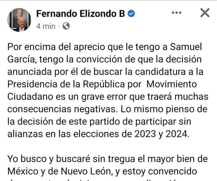 Anuncia Fernando Elizondo su salida del Consejo Asesor Anuncia Fernando Elizondo su salida del Consejo Asesor