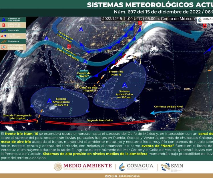 Por Frente frío 16 se esperan lluvias fuertes