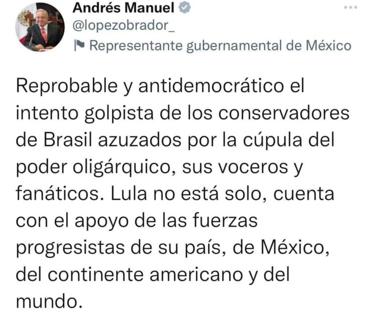 AMLO califica de antidemocrático asalto a Congreso en Brasil AMLO califica de antidemocrático asalto a Congreso en Brasil