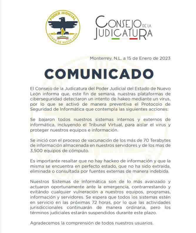 Suspenden 72 horas sitio del PJE por intento de hackeo Suspenden 72 horas sitio del PJE por intento de hackeo