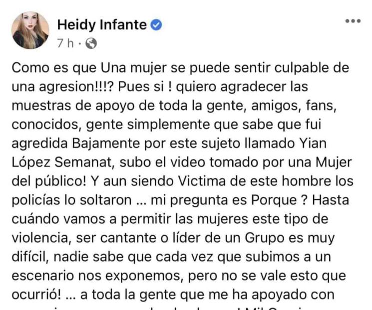 Heidy Infante sufre agresión sexual de parte de músico