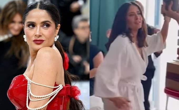 Salma Hayek baila salsa en bata de baño