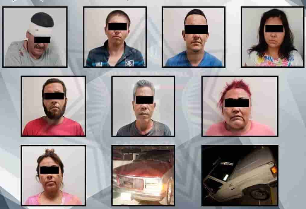 Ocho integrantes de una familia, fueron detenidos por elementos de la Policía de Cadereyta al ser sorprendidos con sustancias prohibidas.