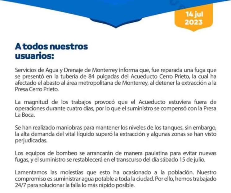 Reparan fuga del acueducto Cerro Prieto