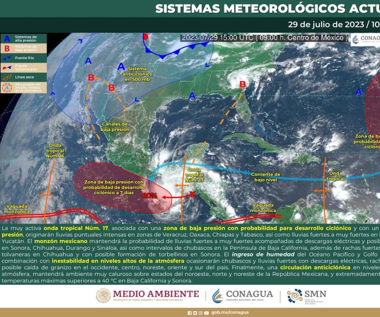 Onda tropical 17 y monzón provocan lluvias en 9 estados Onda tropical 17 y monzón provocan lluvias en 9 estados