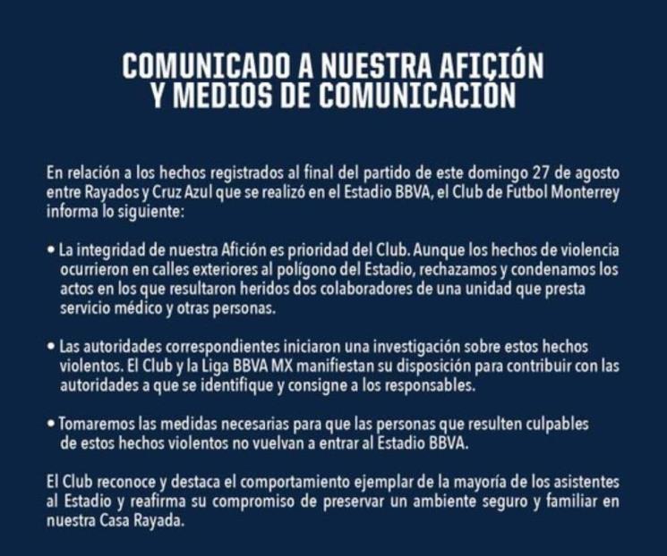 Investigará Rayados hechos violentos Investigará Rayados hechos violentos