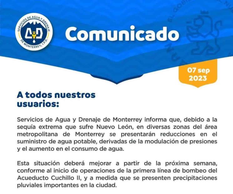 Anuncia AyD que hará reducciones de agua en Nuevo León