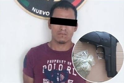 Elementos de la Secretaría de Seguridad y Vialidad de Salinas Victoria detuvieron a un hombre por presuntos delitos contra la salud y portación de arma de fuego, en la colonia Mission.