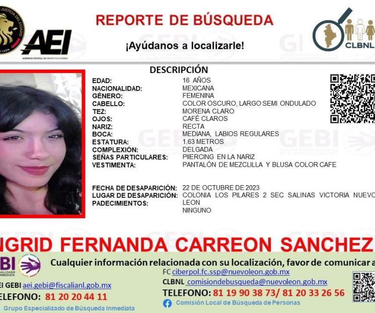 Desaparece menor de 16 años en Salinas Victoria