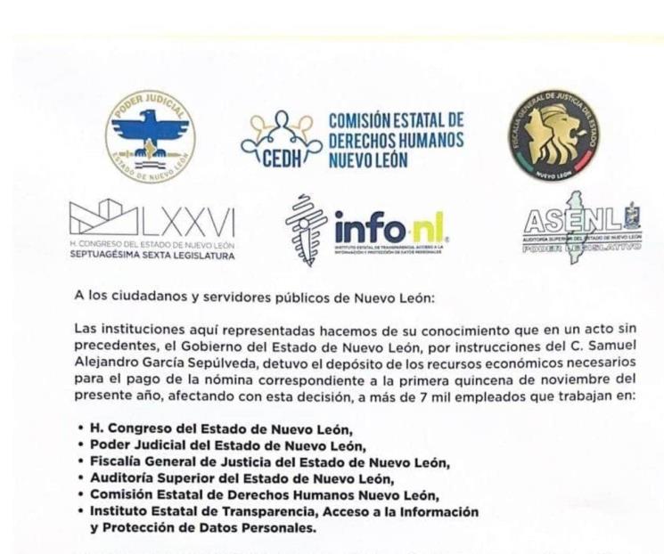Acusan empleados de dependencias locales falta de pago en Nuevo León Acusan empleados de dependencias locales falta de pago en Nuevo León