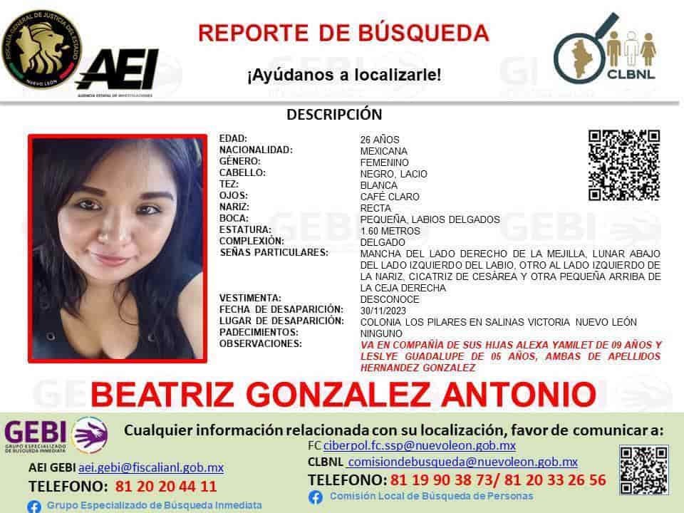 Elementos del Grupo Especializado en Búsqueda Inmediata de la Fiscalía de Nuevo León, investigan el paradero, de una joven madre, que desapareció junto a sus hijas pequeñas en el municipio de Salinas Victoria.