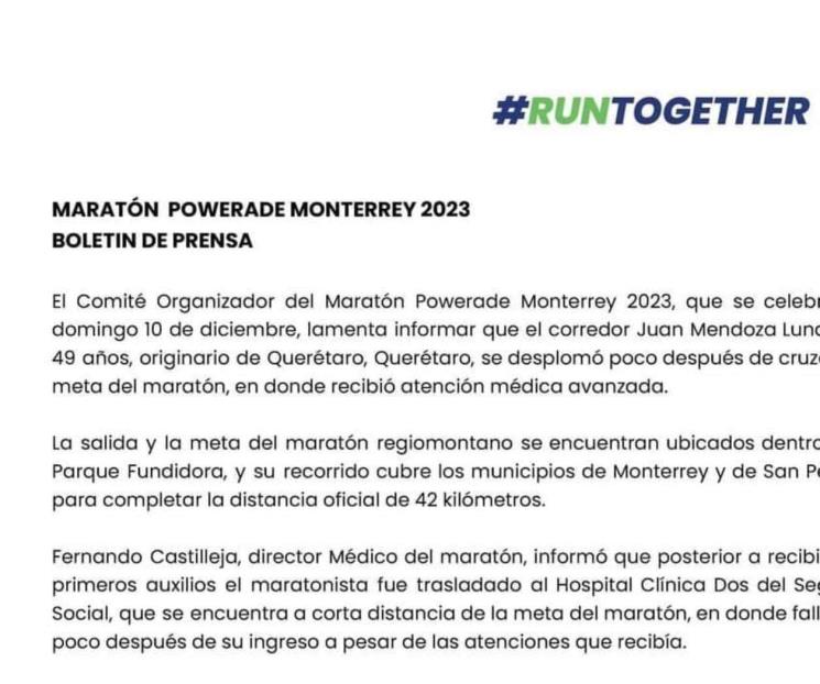 Fallece corredor queretano en Maratón de Monterrey
