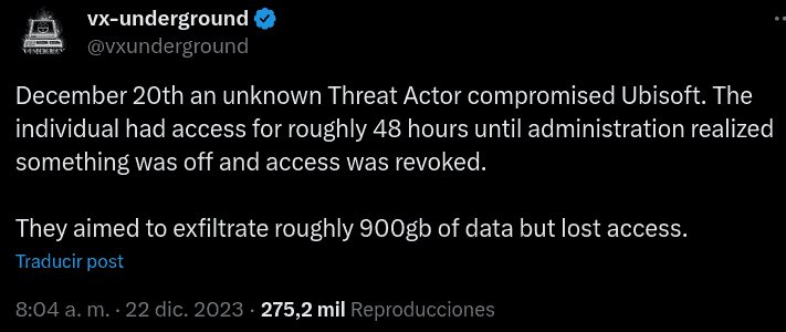 Ubisoft recibe un ciberataque y le roban 900 gigabytes de datos Ubisoft recibe un ciberataque y le roban 900 gigabytes de datos