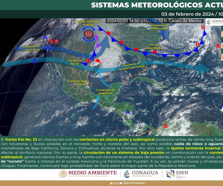 Frente frío 32 provocará bajas temperaturas en el noreste y centro
